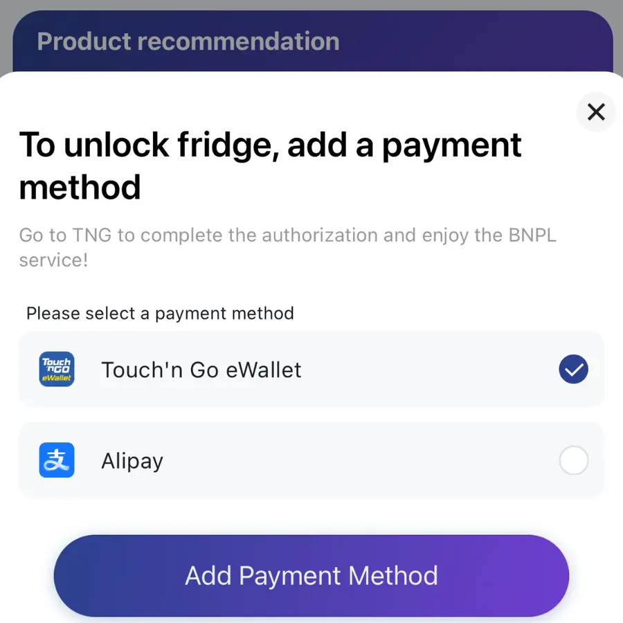 Add Touch 'n Go eWallet or Alipay as the payment method