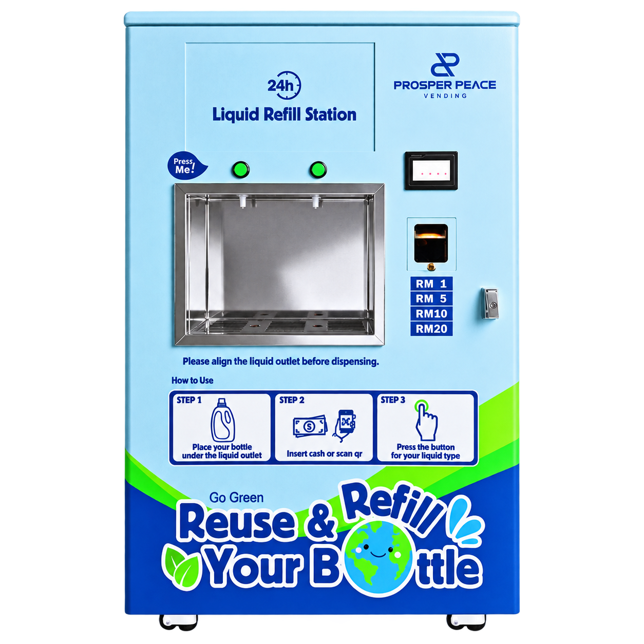 Front view of the 2-Nozzle 400L liquid detergent refill machine
