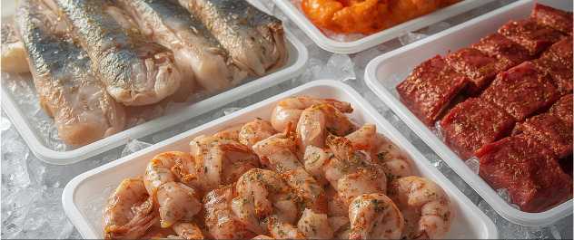 Frozen seafood and meat products